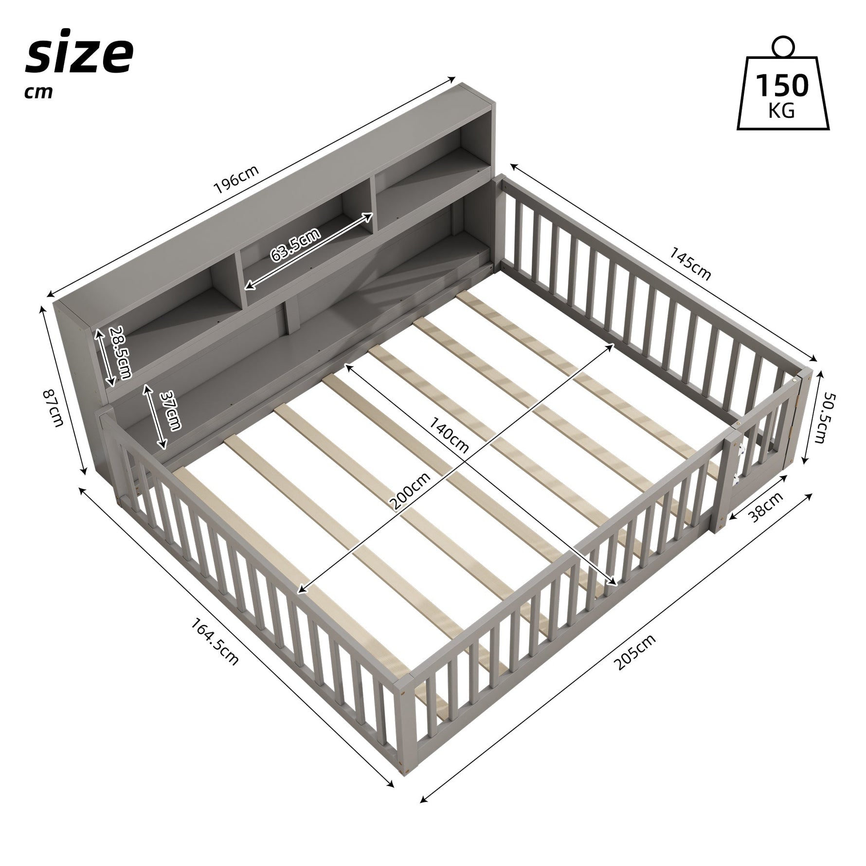 Daybed Sofa Bed 140x200cm with Bedside Storage Railing, Grey Pine Wood