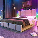 Upholstered Double Bed, USB C, APP Control, LED, Storage, Beige Linen