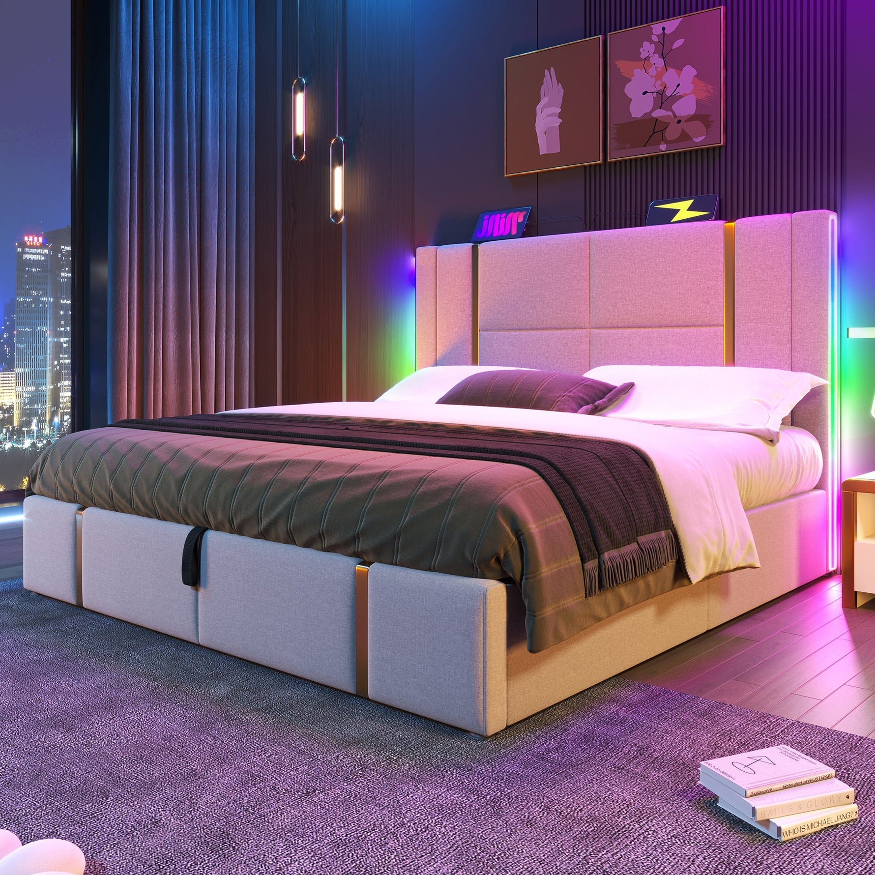 Upholstered Double Bed, USB C, APP Control, LED, Storage, Beige Linen