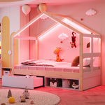 Wooden Bed with Drawers, Shoe Cabinet and LED Lighting, 90x190cm, Wood Color