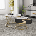Modular Coffee Table Set of 2, Marble Look Drawers Gold Decor