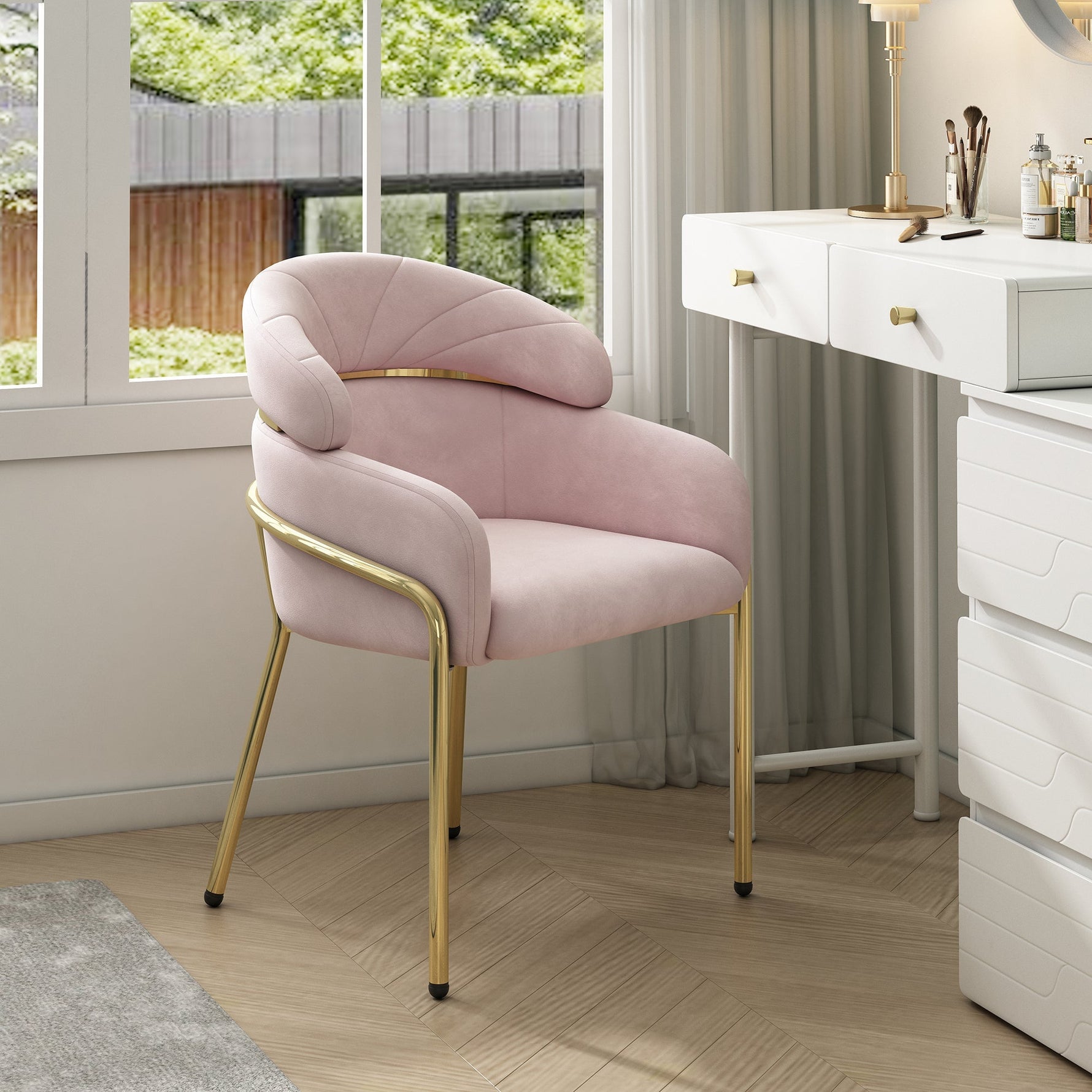 Dining Chair Single Light Luxury with Metal Legs Velvet Pink