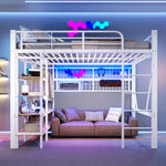 Loft Bed with Storage, LED Light and Clothes Rail, 140 x 200 cm, White Iron Frame
