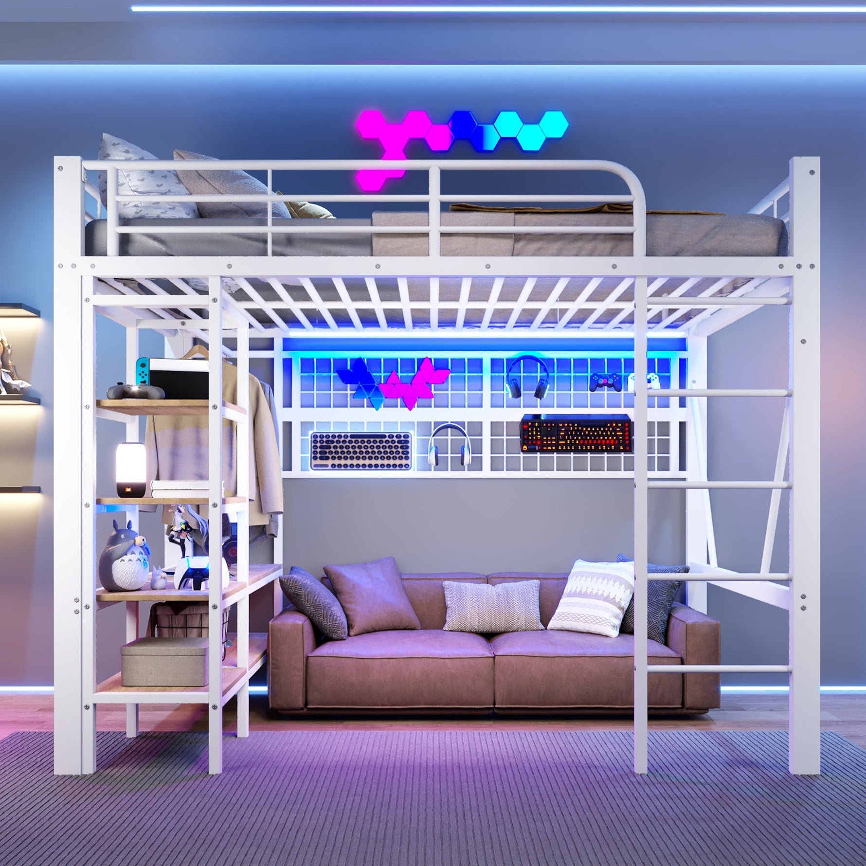 Loft Bed with Storage, LED Light and Clothes Rail, 140 x 200 cm, White Iron Frame