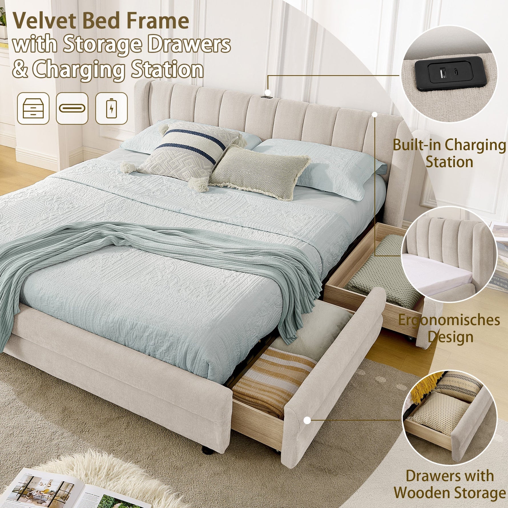 Double Bed 140x200cm Storage USB Port Chenille Beige
