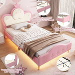 Upholstered Children's Bed with Crown Headboard, LED Strip, PU, Pink + White