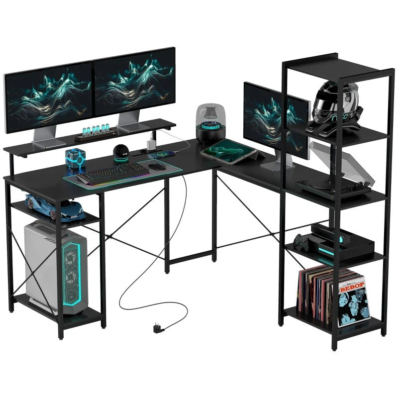 Desk L-Shaped Corner with 6 Shelves Monitor Stand USB Power Outlet, Black