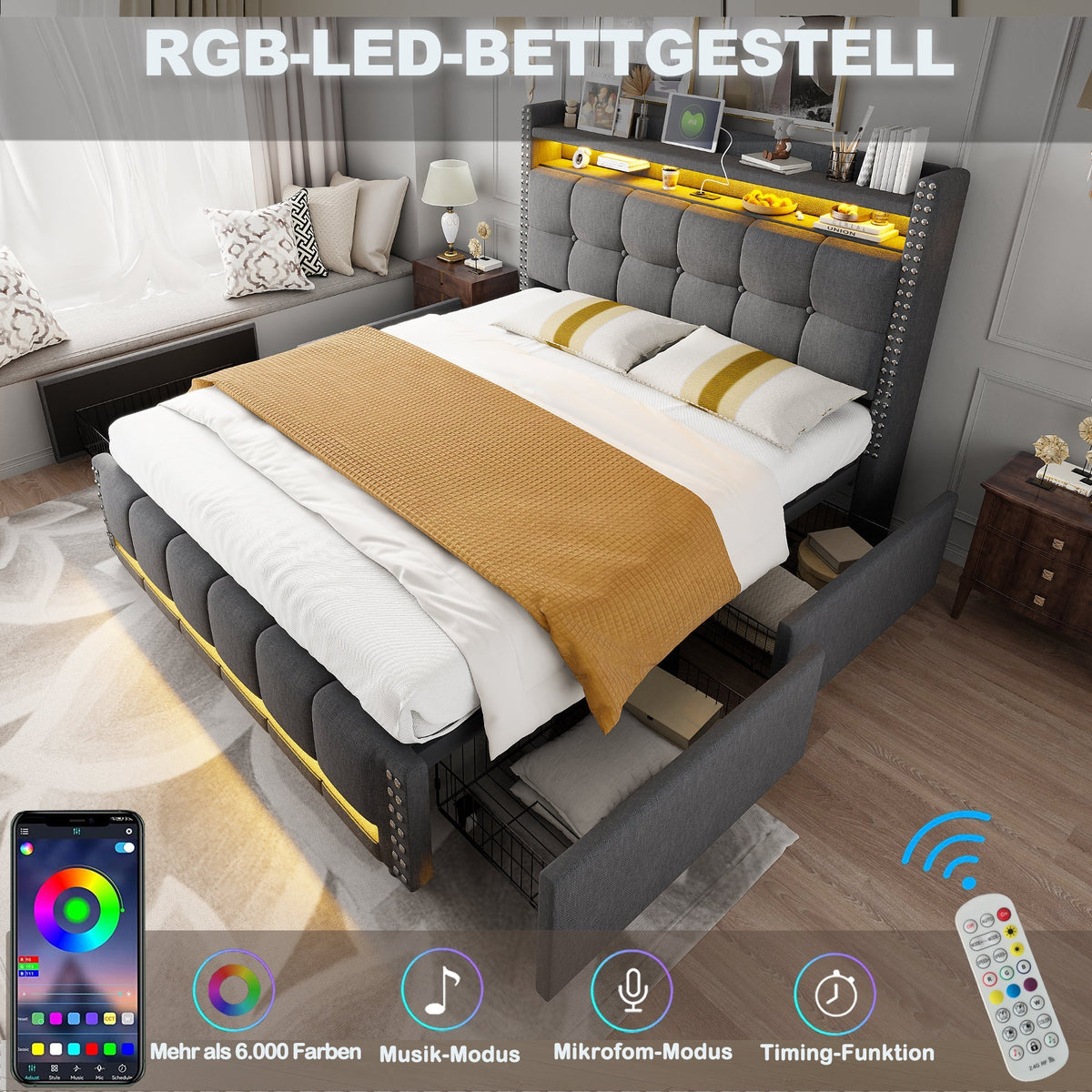 Upholstered Bed with LED, USB, Shelves & 4 Drawers, Gray Linen