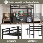 Loft Bed 140x200cm Iron Frame Desk Shelves Power USB/Type-C - Black