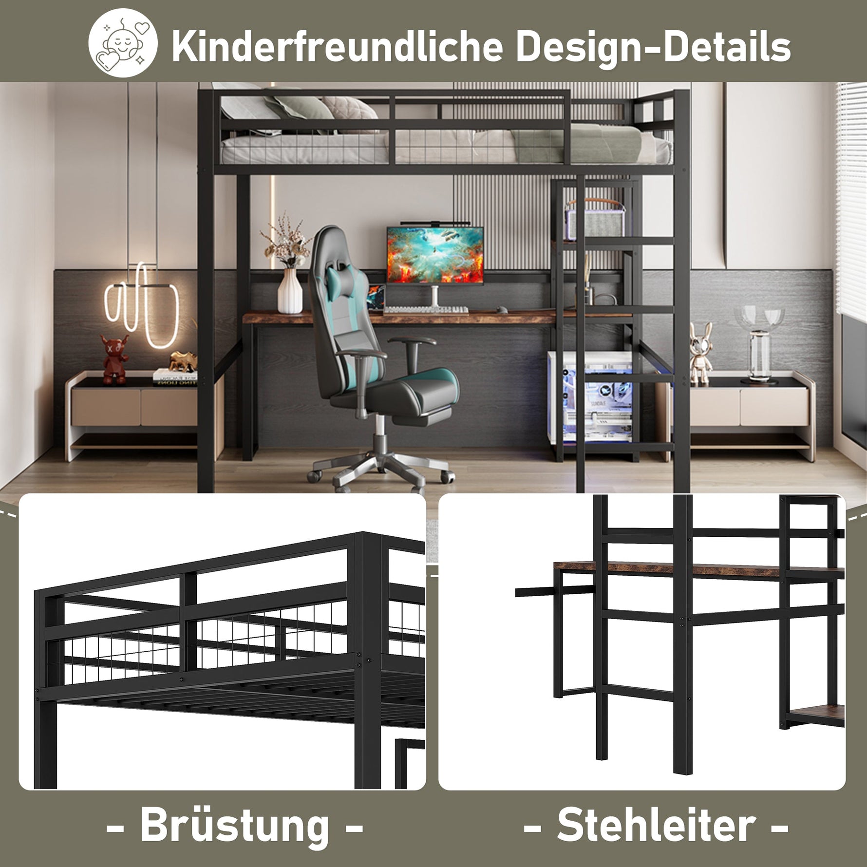 Loft Bed 140x200cm Iron Frame Desk Shelves Power USB/Type-C - Black