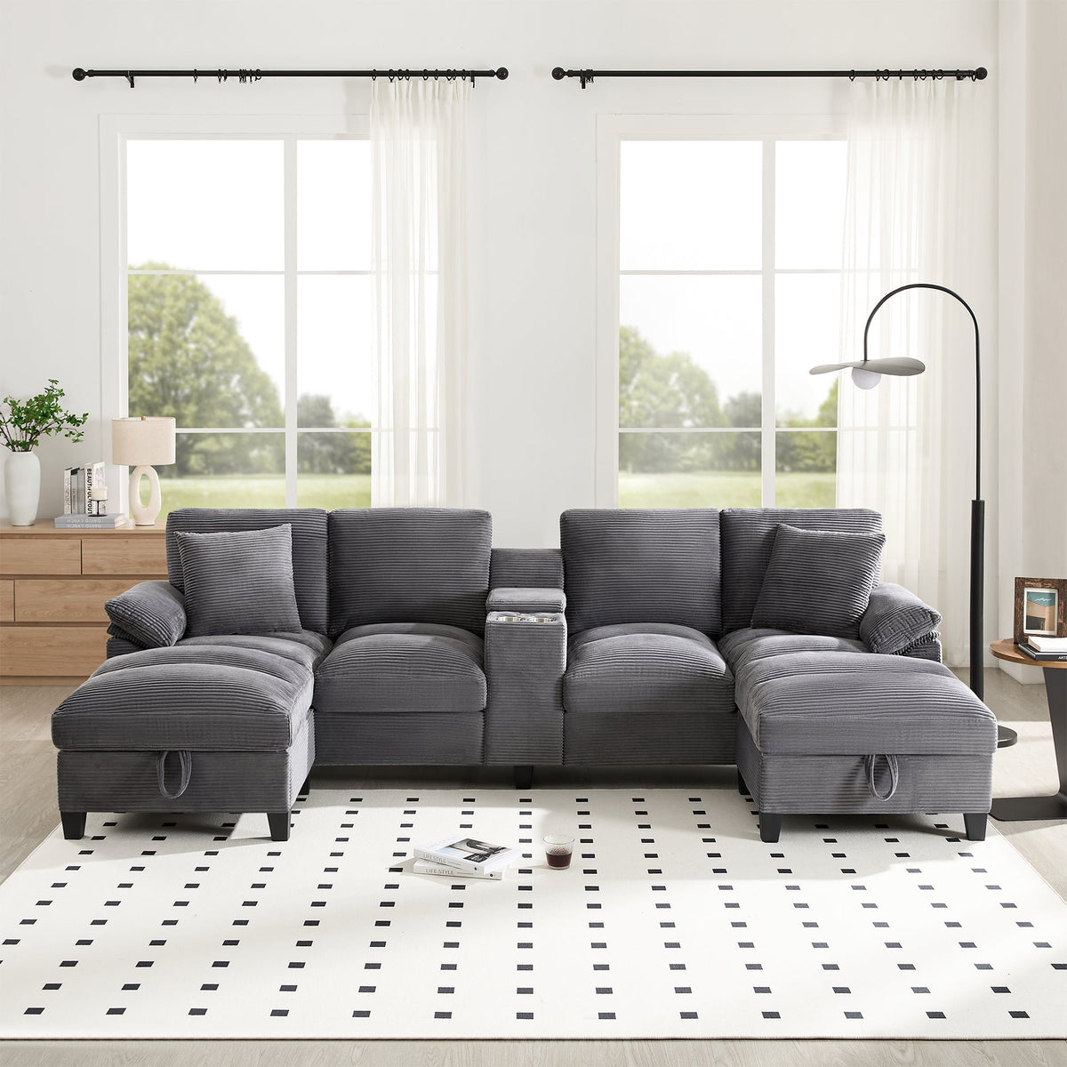 U-Shaped Sofa 4-Seater Oversized Storage USB Cup Holders - Corduroy