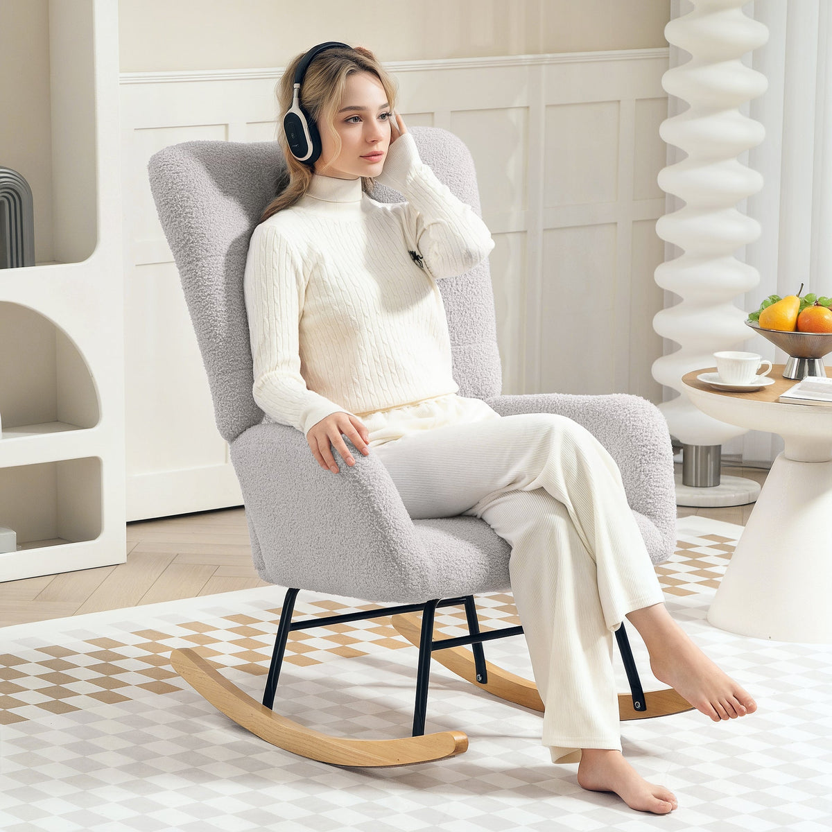 Rocking Chair, Armrests, Wooden Base, Teddy Velvet, Light Gray