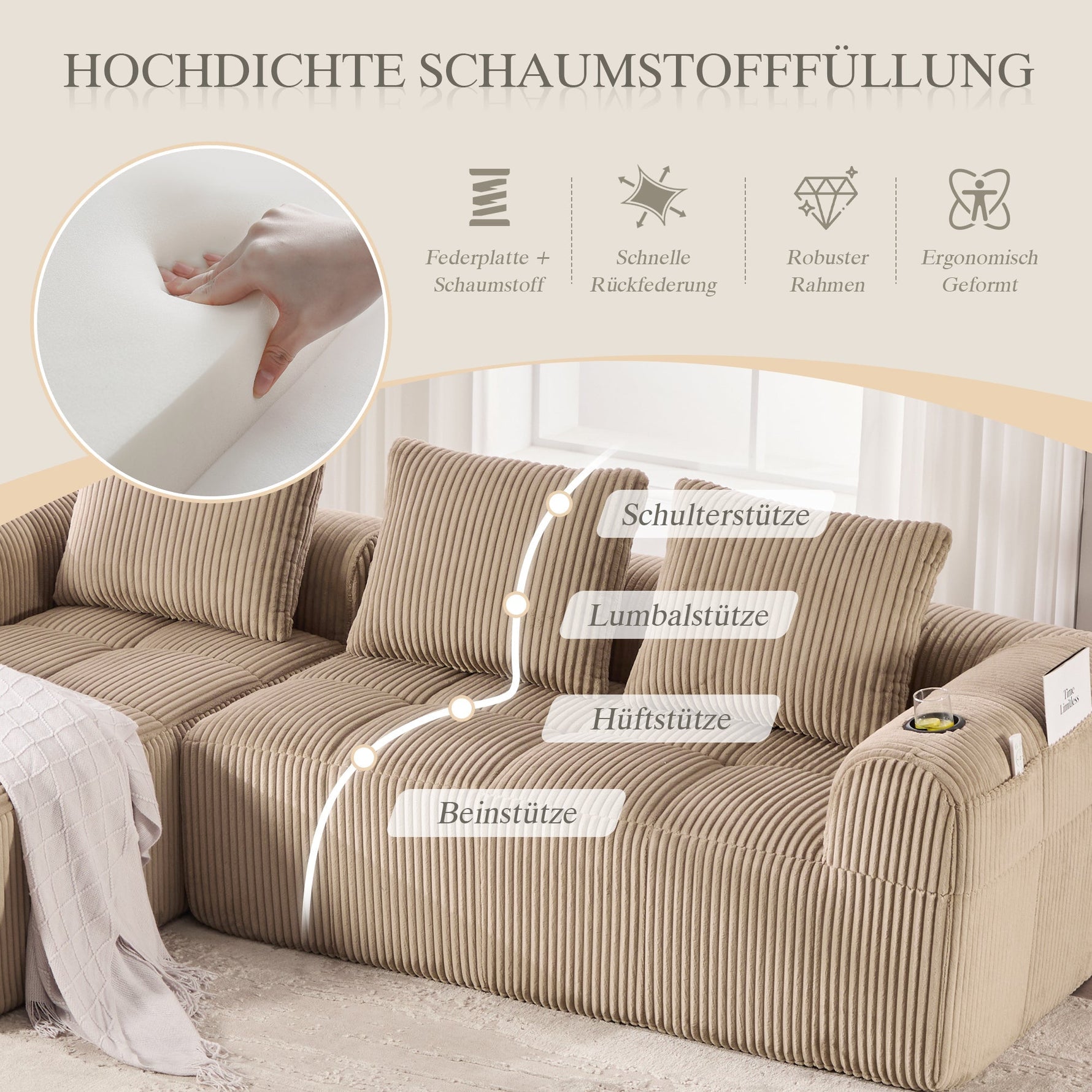 Compact Sofa Modular Side Pocket Cup Holder 3 Cushions - Corduroy Khaki