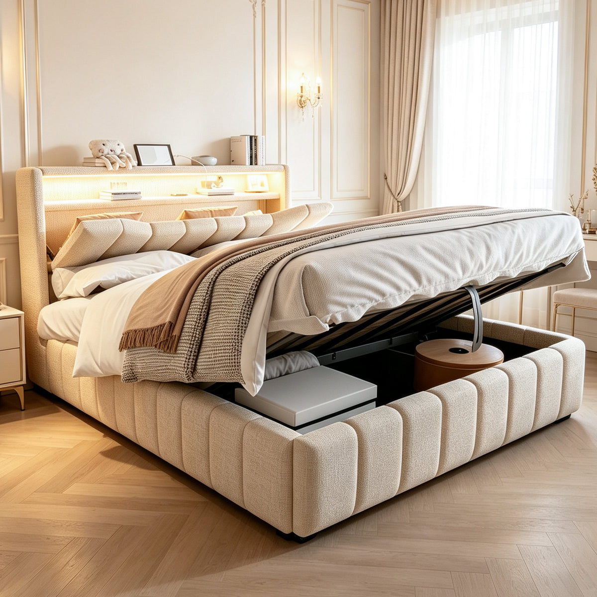 Upholstered Storage Bed 140x200 cm with LED & USB, Beige Linen
