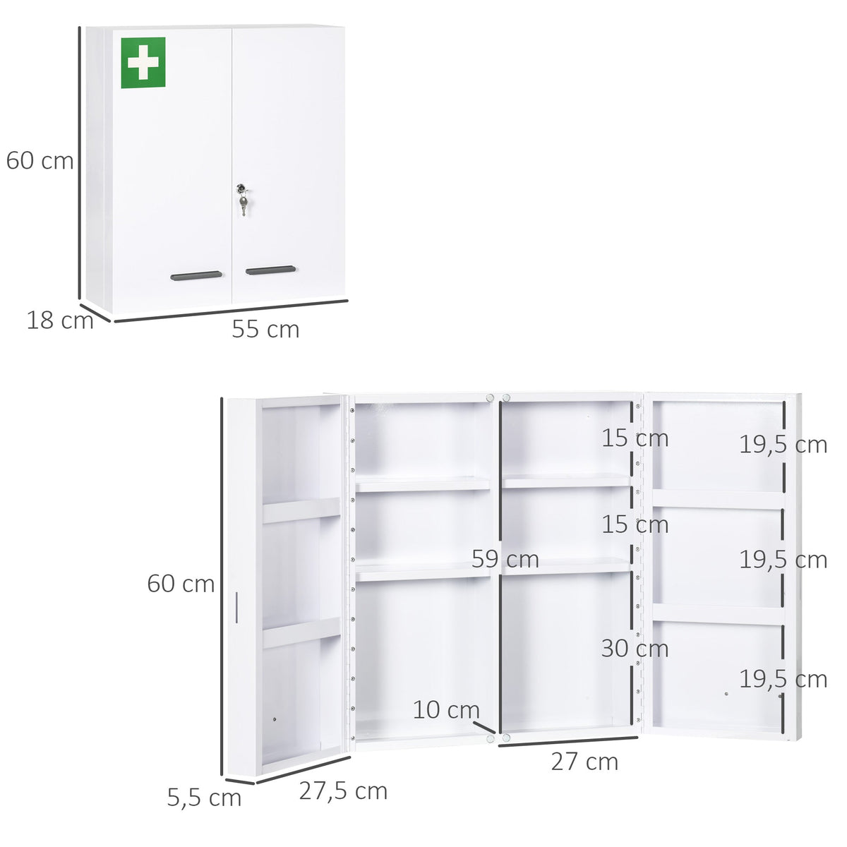 Medicine Cabinet 2-Door 6 Shelves Wall-Mounted Steel White 55x18x60cm