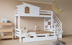 Bunk Bed, Two Drawers, Corner Ladder, Pine + MDF + Plywood, White + Natural