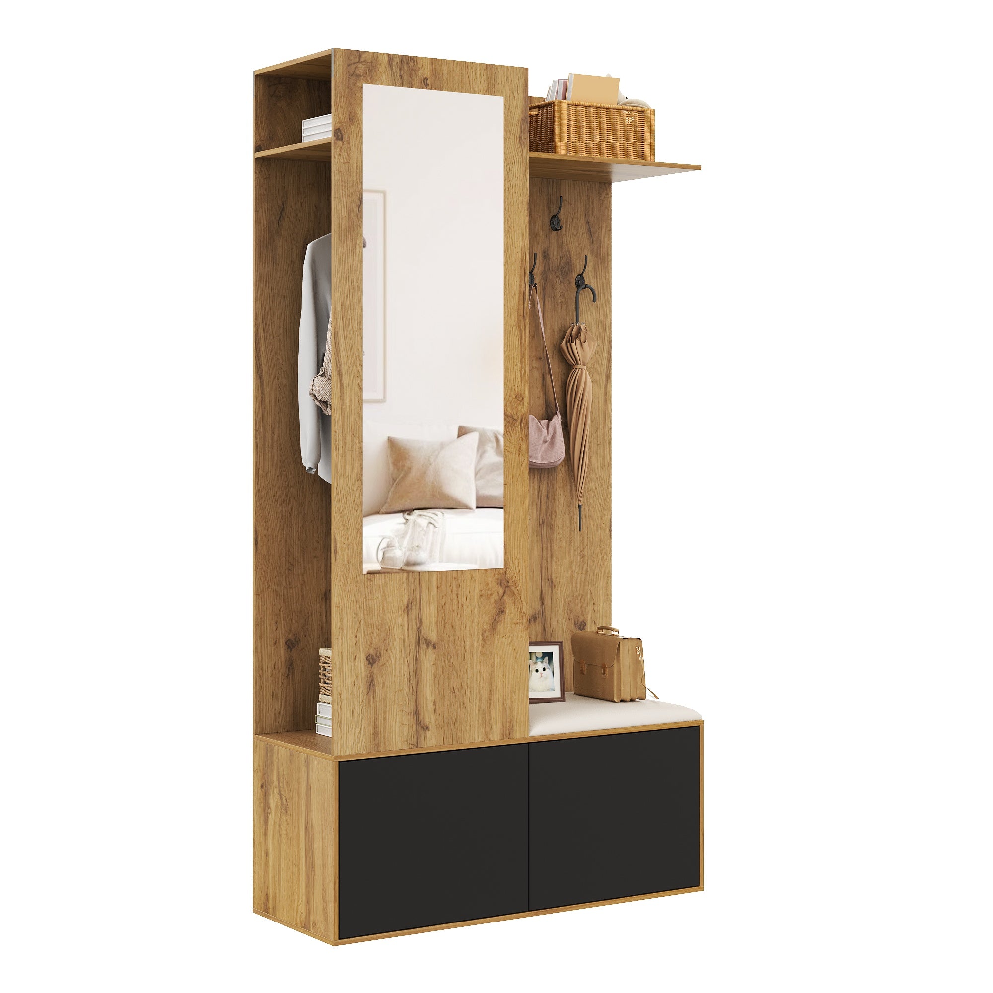 Wardrobe Set with 5 Hooks, Mirror, Shoe Cabinet, Hidden Hanging Area, Hall Bench