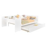 Wooden Flatbed Double Bed with Desk, Trundle and Shelves, White Pine and Chipboard
