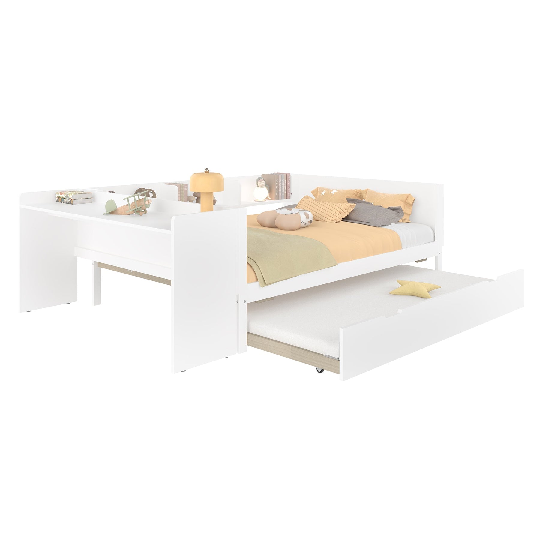 Wooden Flatbed Double Bed with Desk, Trundle and Shelves, White Pine and Chipboard