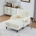 Chenille Fabric Lounger with Side Pockets and Wooden Legs, Modern Minimalist