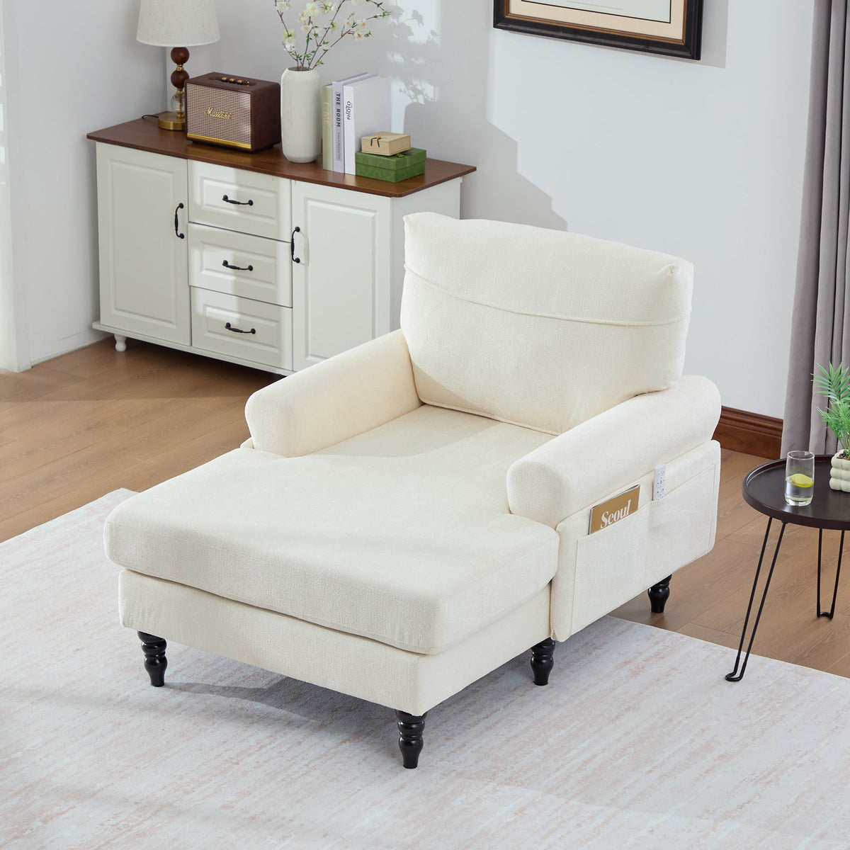 Chenille Fabric Lounger with Side Pockets and Wooden Legs, Modern Minimalist