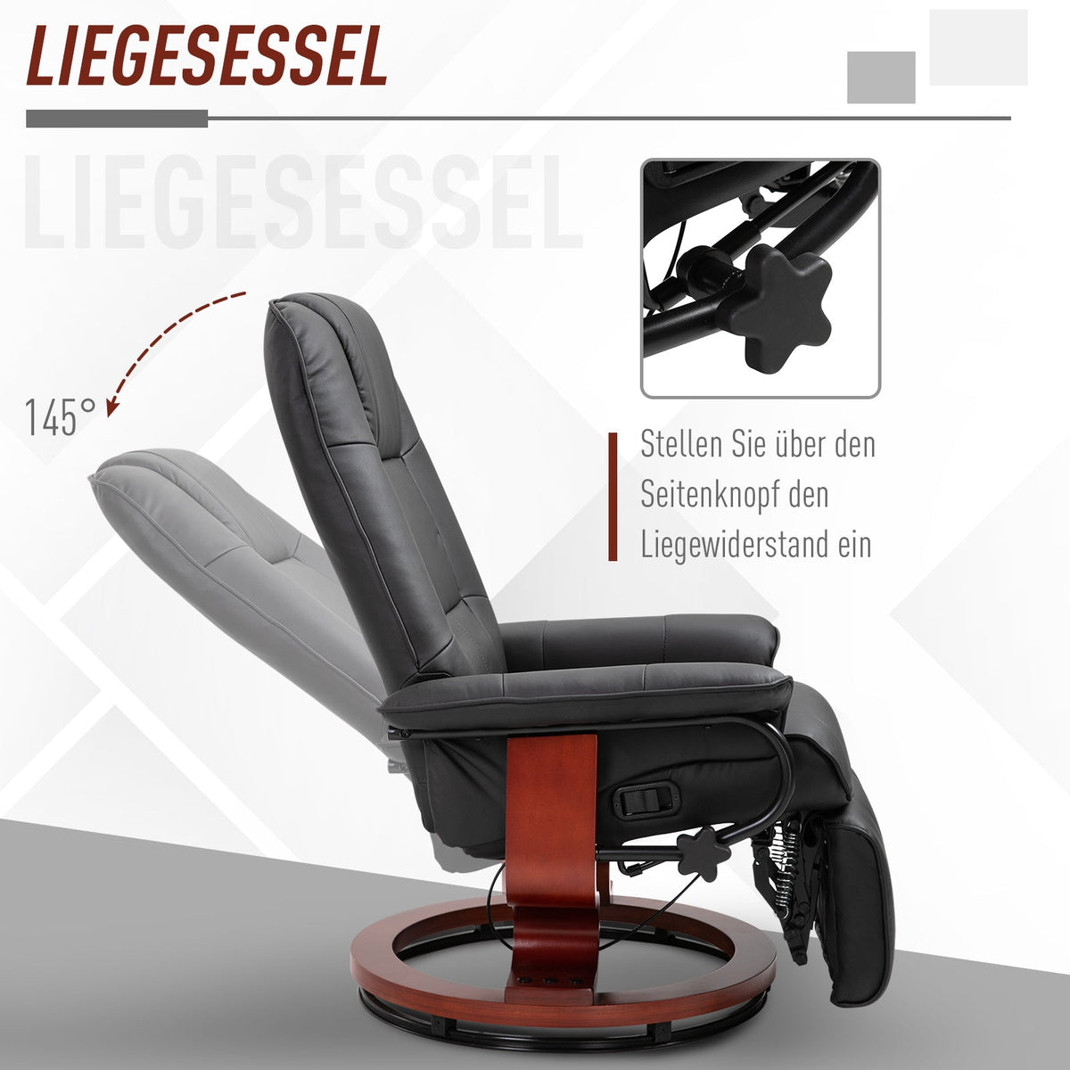 Recliner Chair TV with Footrest 360° Swivel Wooden Base Faux Leather Black
