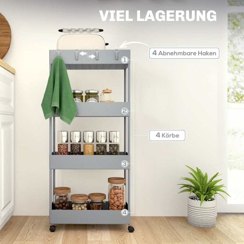 Rolling Cart, 4-Tier Shelf with Wheels and Brakes, Plastic, Gray