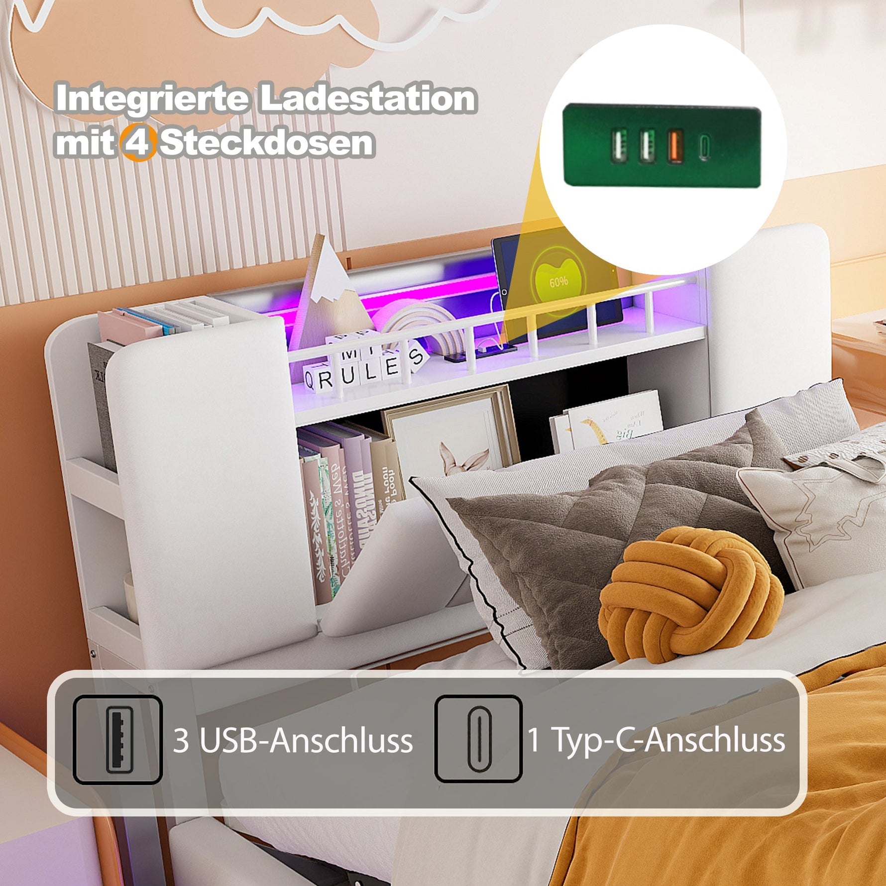 Smart Upholstered Bed with LED, USB and Hydraulic Storage, Beige Velvet