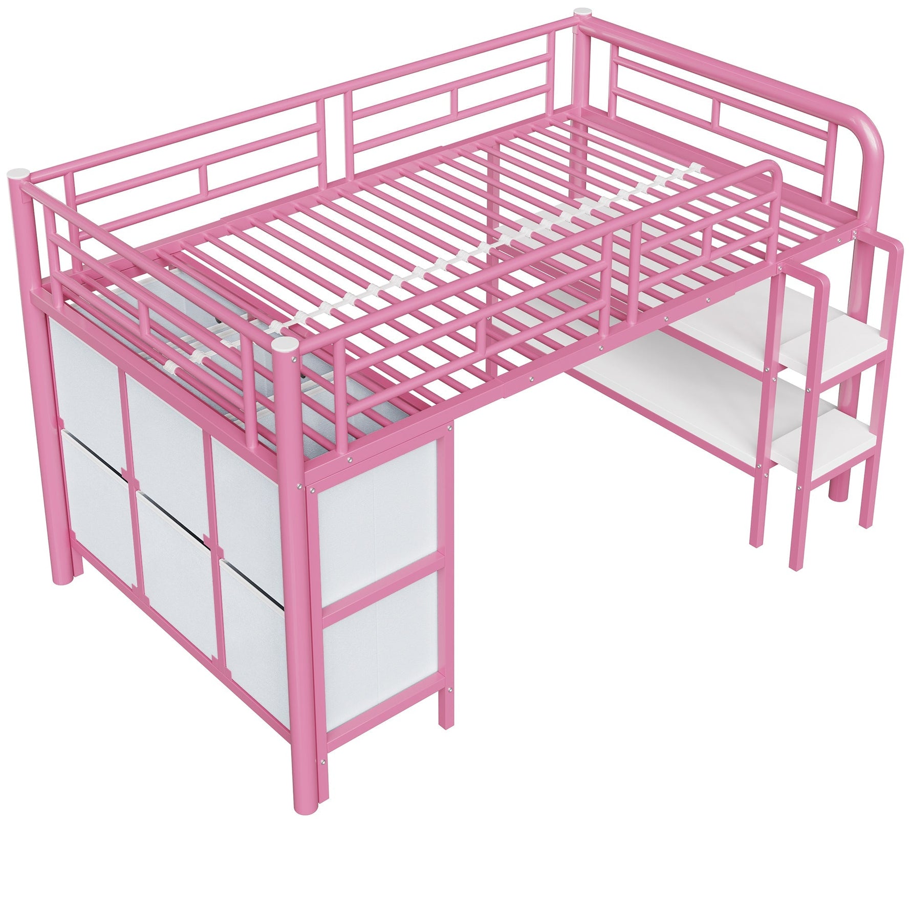 Children's Loft Bed with Metal Frame, Storage Drawers and Shelves, Pink