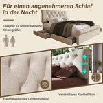 Double Upholstered Bed 140x200cm, 4 Drawers Adjustable Headboard, Natural Finish