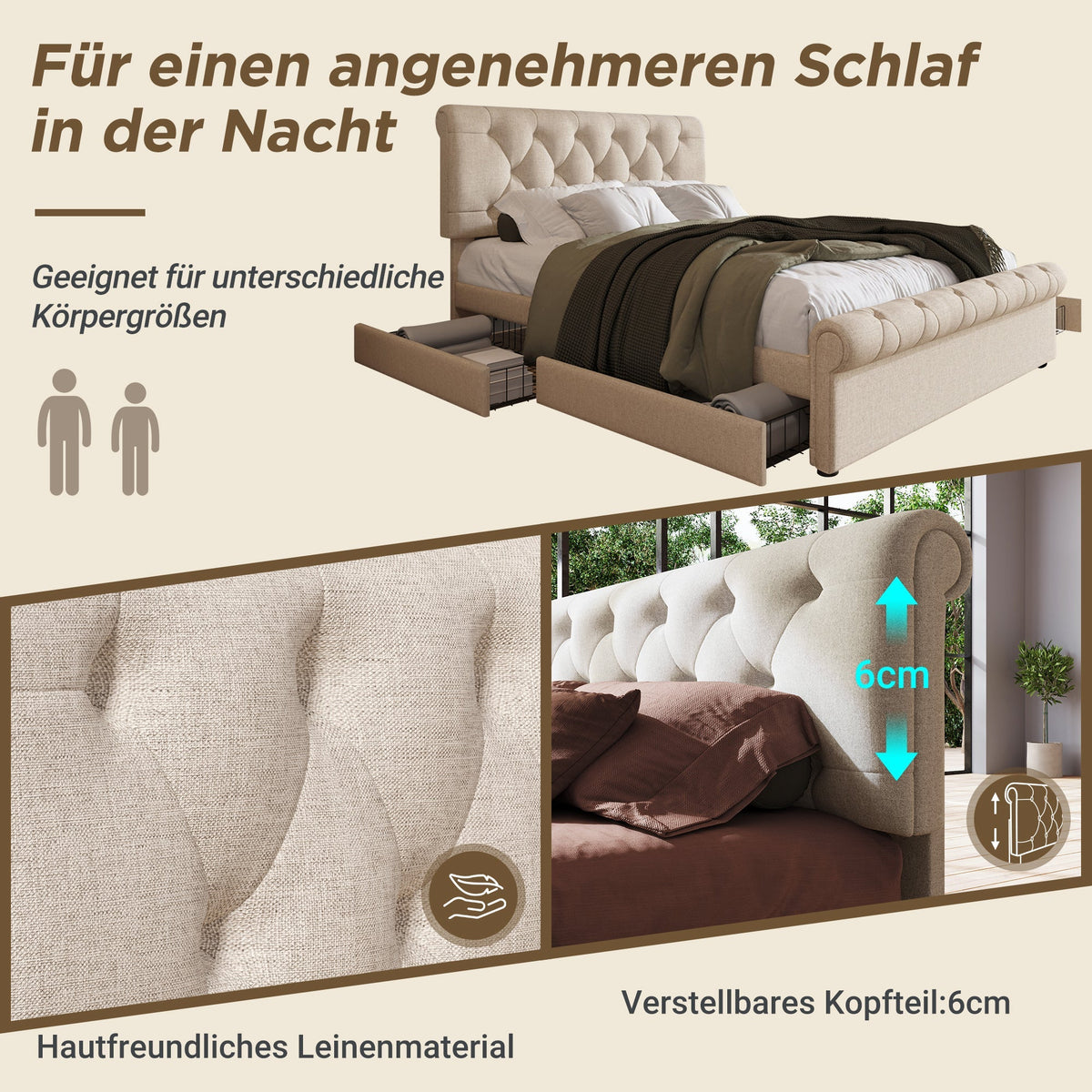Double Upholstered Bed 140x200cm, 4 Drawers Adjustable Headboard, Natural Finish