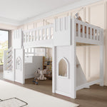 Loft Bed with Storage Stairs and Window, 90x200cm, White Pine Wood + MDF