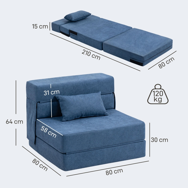 3-in-1 Sleeper Chair Foldable Sofa Bed Recliner Lumbar Cushion Flannel-Look Dark Blue