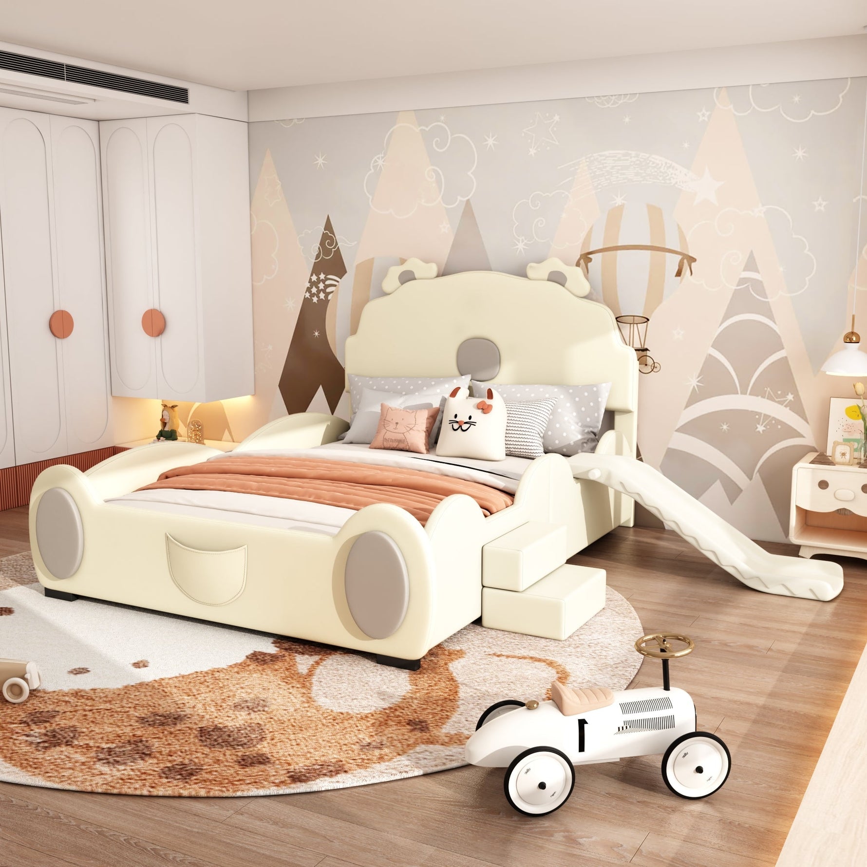 Bear Cartoon Bed for Children with Slide and Ladder, 140x200cm, Beige PU Leather