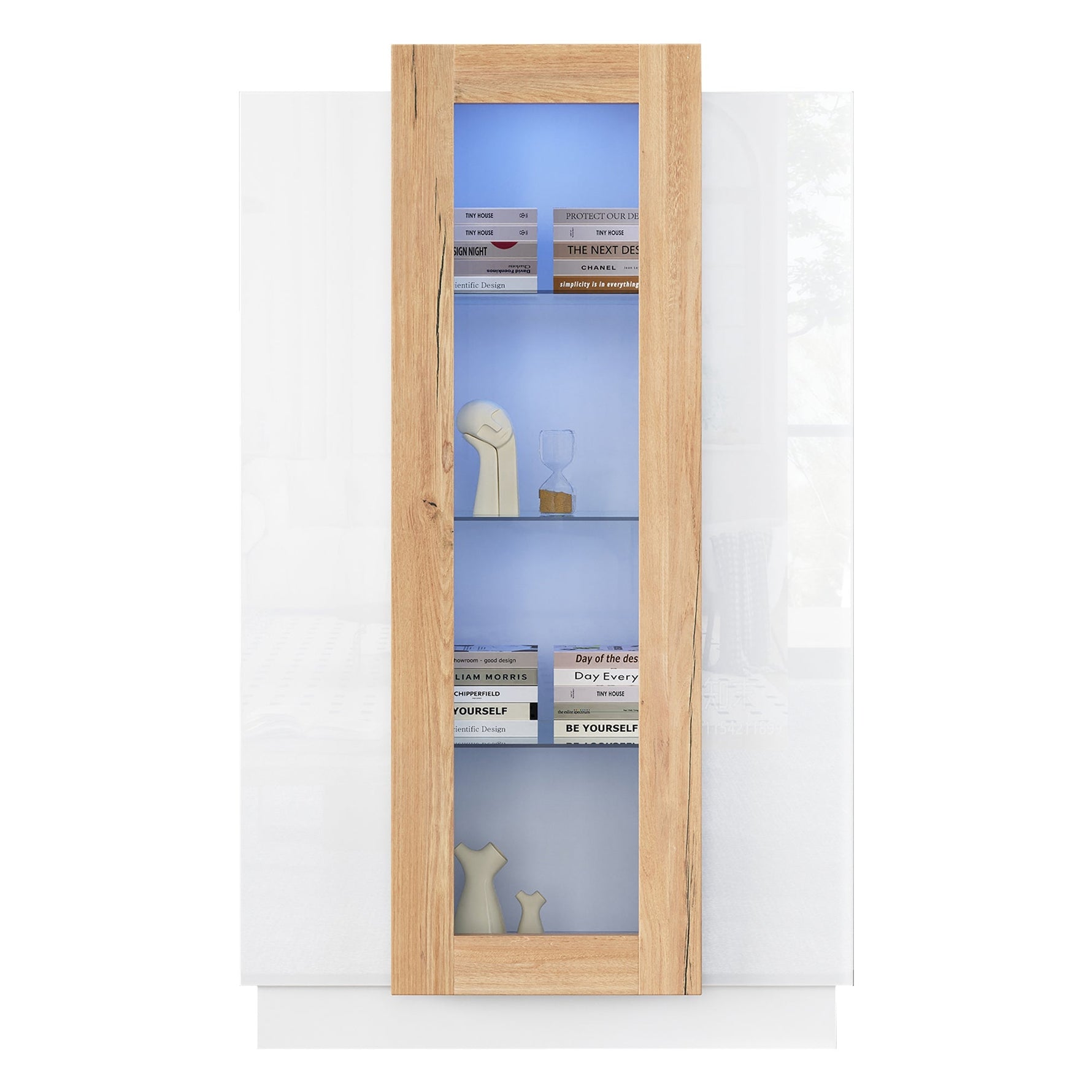 Living Room Cabinet, 3-Door High-Gloss LED Display, Glass Shelves & Drawer, Transparent