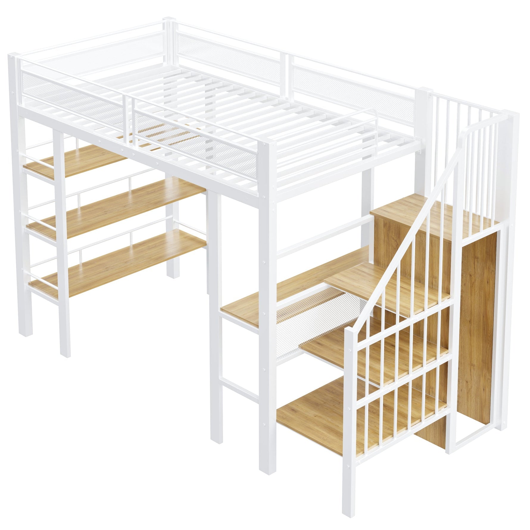 Loft Bed with LED Light Strip, Desk and Storage Shelves, White Metal