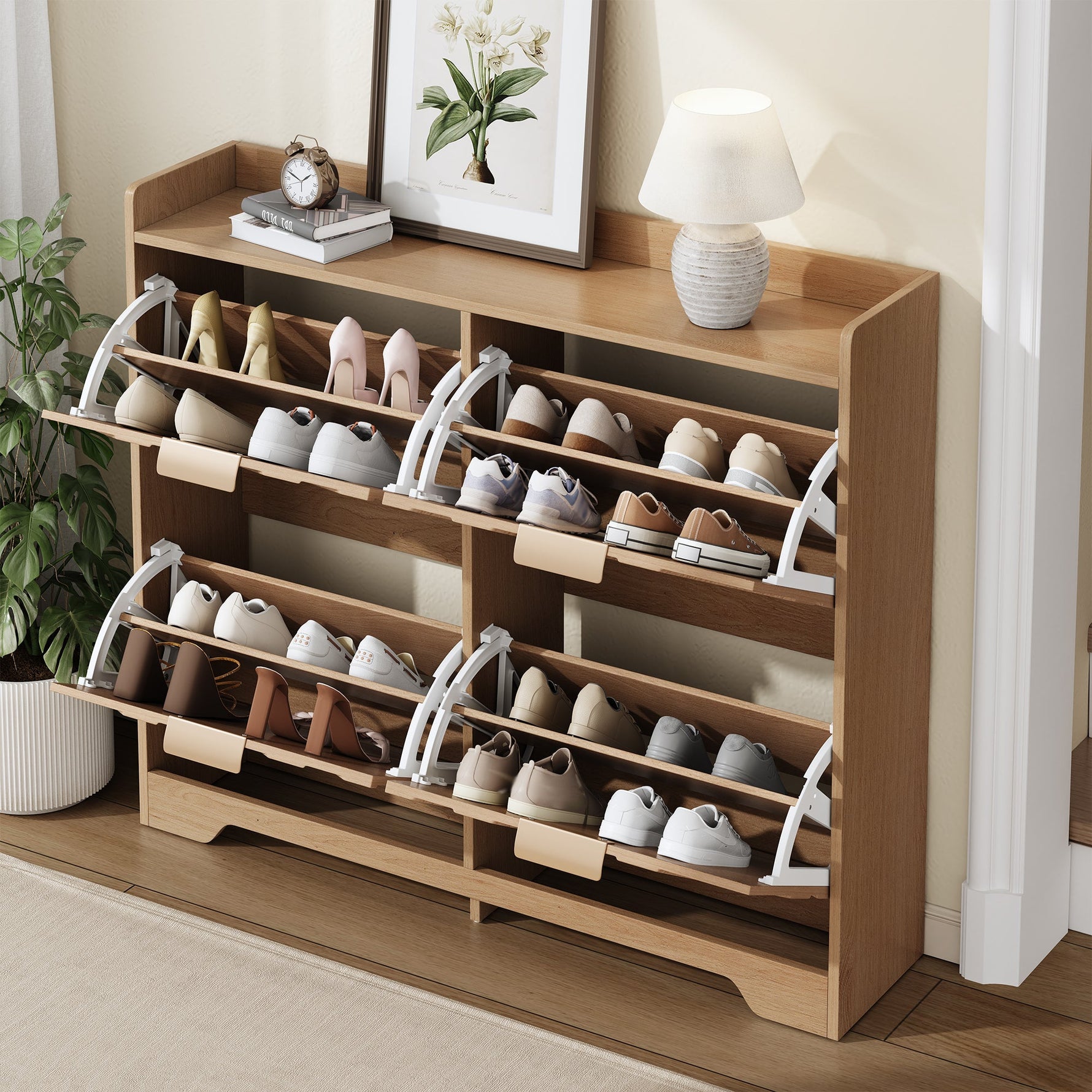 Shoe Cabinet with 4 Flip Drawers and 3D Textured Front, Space-Saving Entryway Storage, Wood White