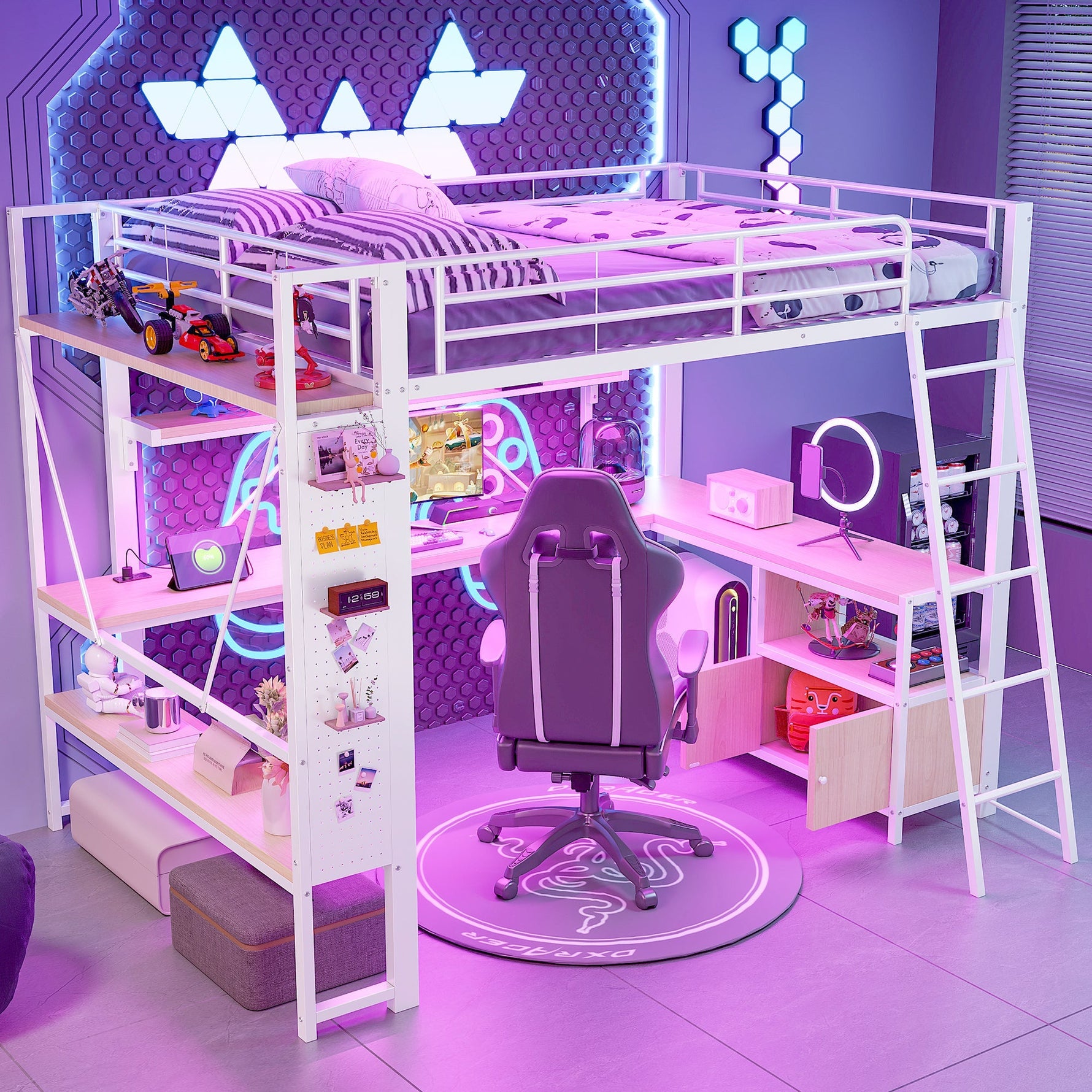 Loft Bed with Desk, LED Lights, Storage and USB Port, 140 x 200 cm, White Iron Frame