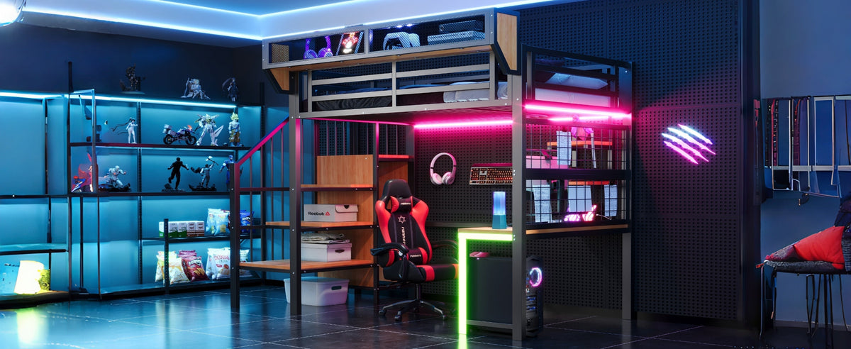 Metal Loft Bed with Desk, Shelf, LED Lighting and Socket, 90x200cm, Black Metal