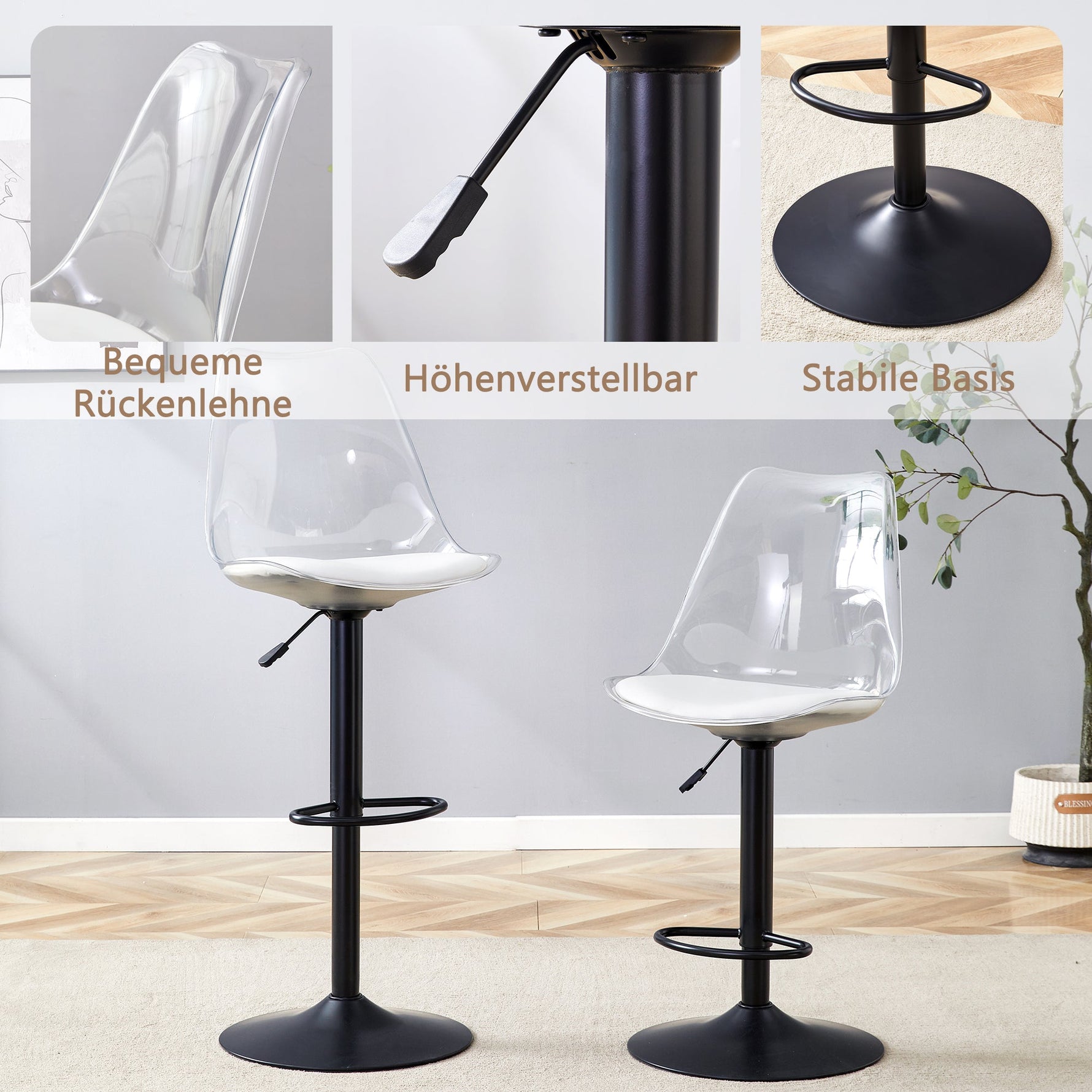 Bar Stool Set of 2 Adjustable Swivel PU Leather Transparent Back - Black Metal/PU