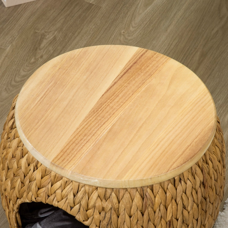 Cat Cave, Water Hyacinth Grass with Washable Cushion, Light Brown + Natural Wood + Grey
