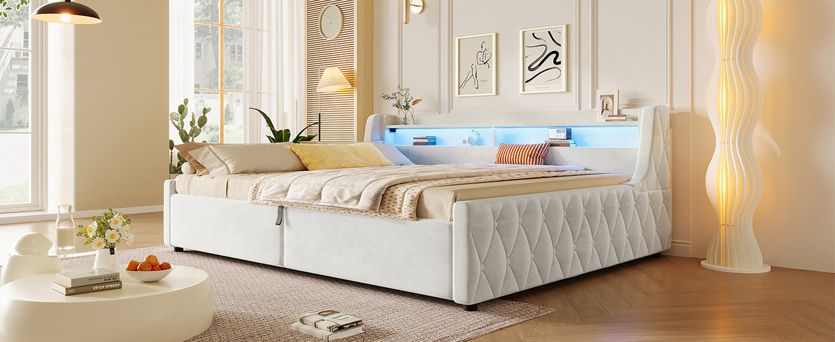 Velvet Platform Bed 140x200 with Hydraulic Storage & LED, Beige