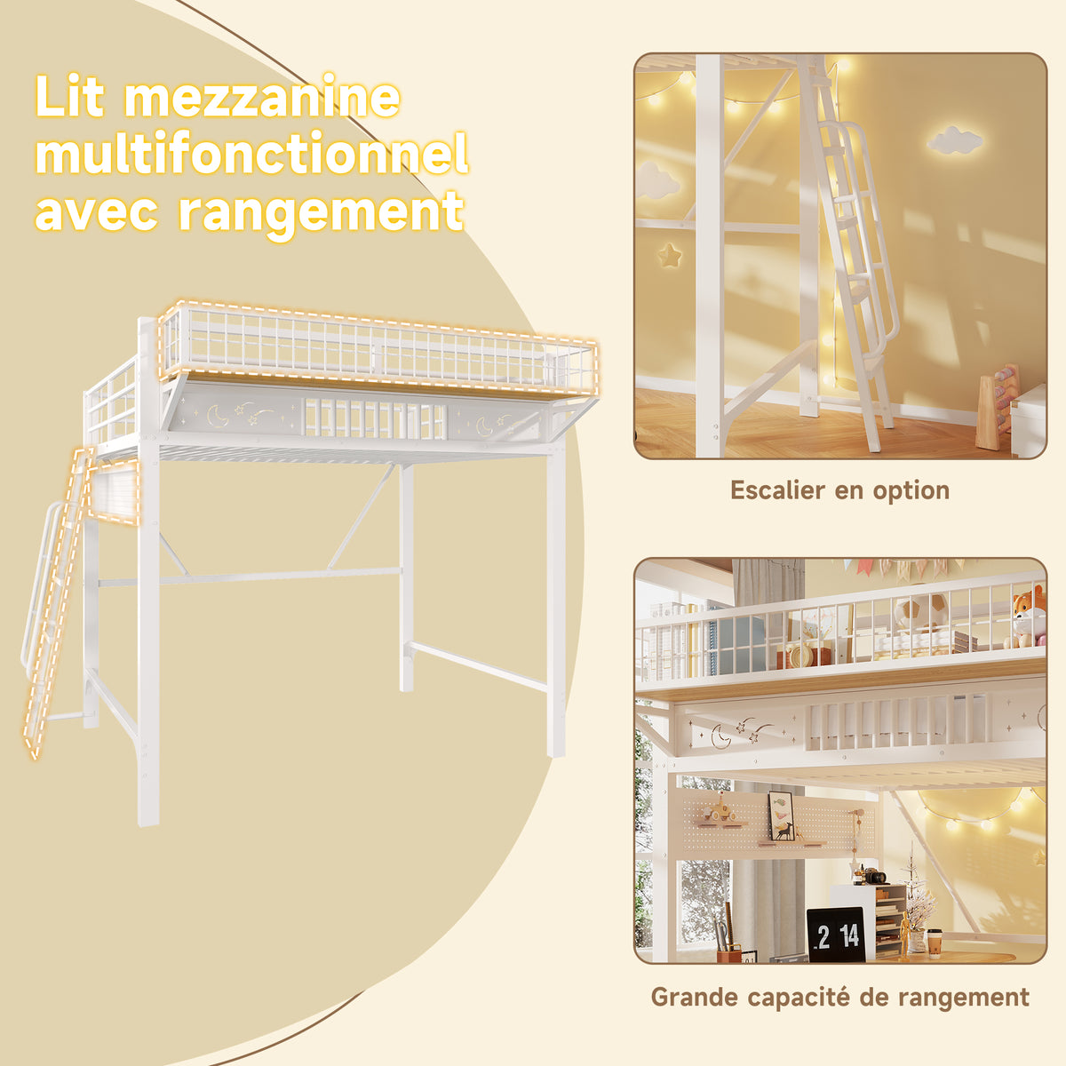 Loft Bed 140x200cm with Storage Compartments, Metal Frame, White