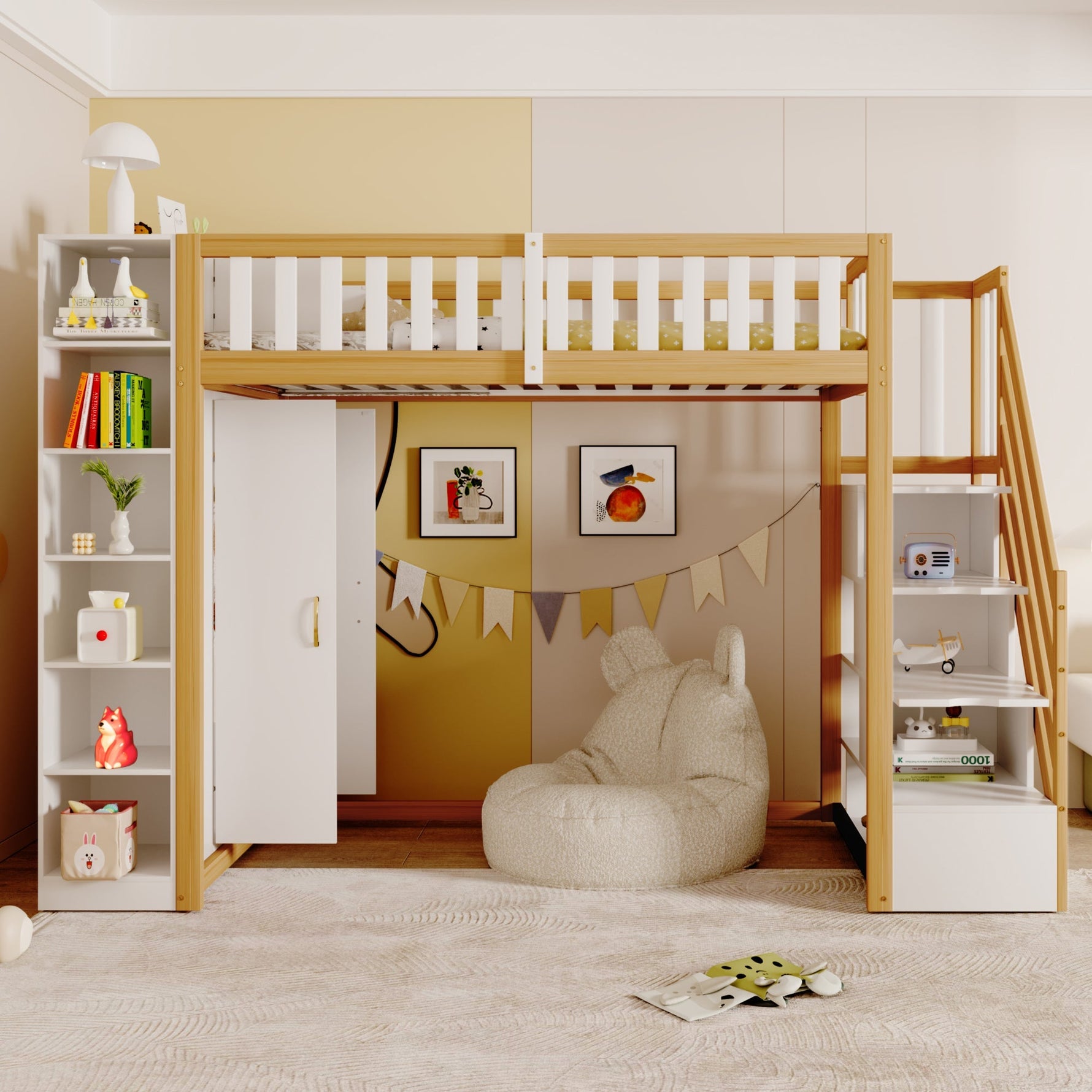 Loft Bed 90x200cm Storage Wardrobe Ladder - White + Raw Wood Finish