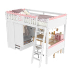 Bunk Bed with LED Lights, Wardrobe & Drawer, White Pine Wood