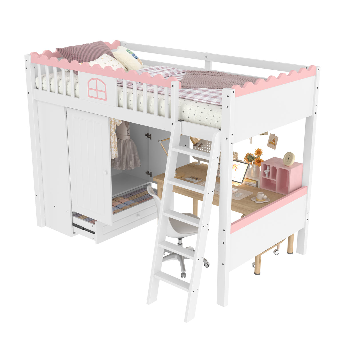 Bunk Bed with LED Lights, Wardrobe & Drawer, White Pine Wood