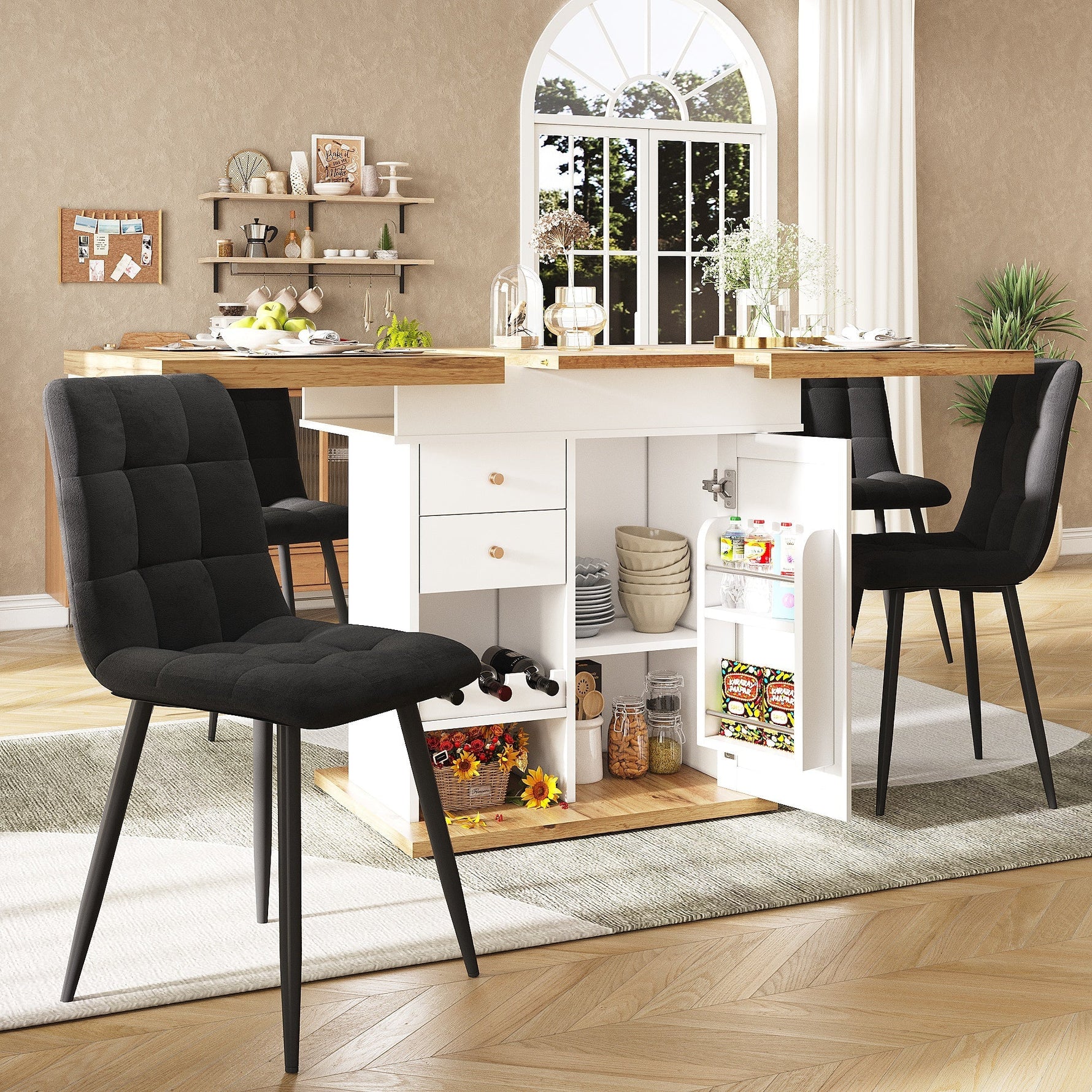 Telescopic Dining Table with Extendable Design and Wine Rack, White