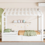 Country Style Children's Bed 90x200cm with Roof & Storage, White