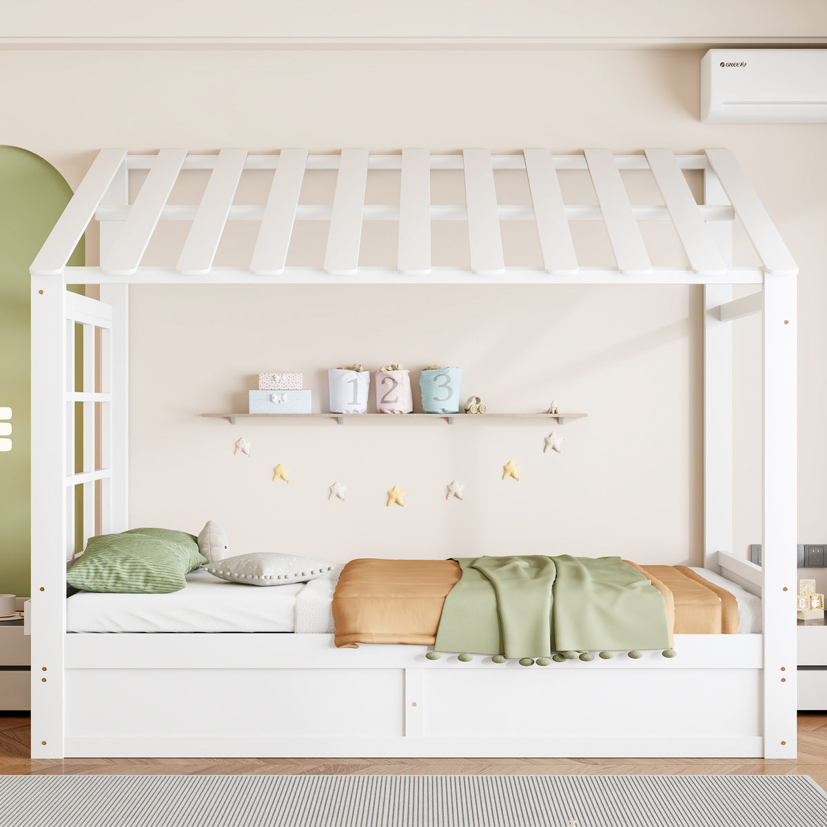 Country Style Children's Bed 90x200cm with Roof & Storage, White
