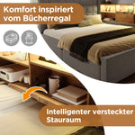 Upholstered Single Bed with LED, Hydraulic Storage and L-Shaped Headboard, 90x200cm, Grey Linen